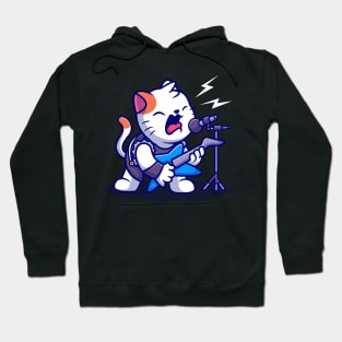 Cute Cat Rocker With Guitar Cartoon Hoodie